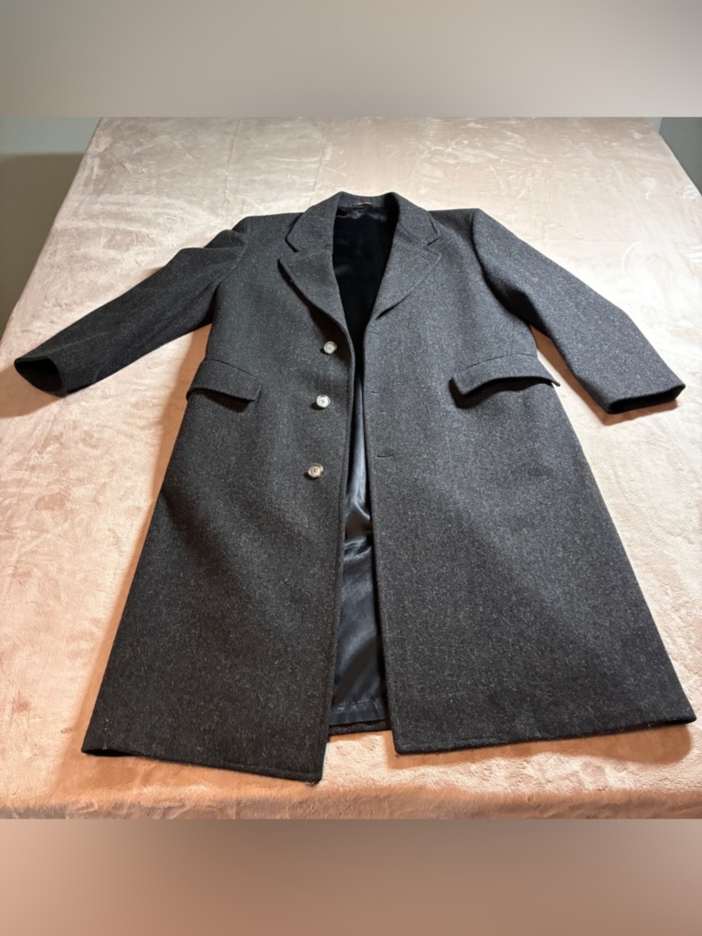 Mens Vintage London Fog Gray 100% Wool Overcoat Long Coat USA Union Made 42 Reg